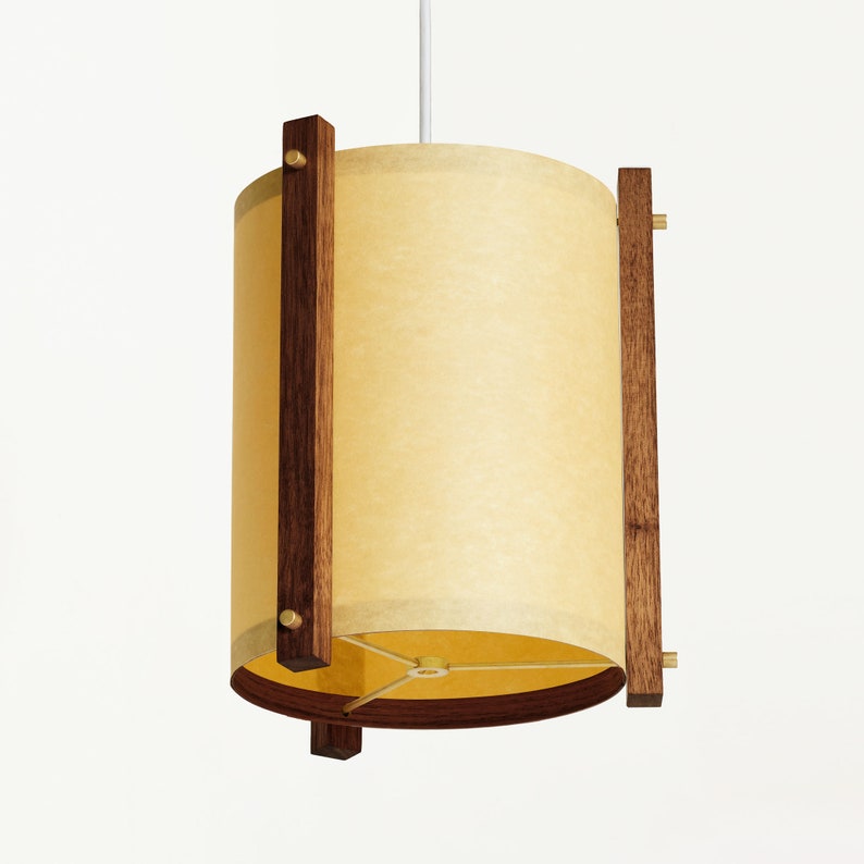 Walnut and Brass Mid Century Wood Pendant Lamp with Japanese lamp shade Medium Danish Modern Lamp, Pendant Lamp, Teak Lamp image 1