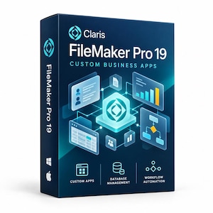 May include: A dark blue software box for Claris FileMaker Pro 19 Custom Business Apps. The front features a central glowing icon surrounded by digital interface panels, charts, and flowcharts. Bottom icons represent custom apps, database management, and workflow automation.
