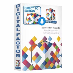 May include: A white software box for Digital Factory Version 10 Direct to Edition. The packaging features a colorful diamond pattern, a blue download arrow icon, and the text Streamlined production and High-fidelity color printing.