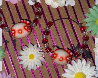 Bohemian red glass cat kitten earrings gold tone dangle for pierced ears nickel free