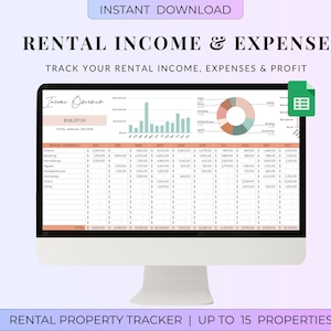 May include: A computer monitor displays a spreadsheet titled "Rental Income & Expense." The screen shows a table with financial data, charts, and the text "Track your rental income, expenses & profit." The image also includes the text "Instant Download" and "Rental Property Tracker | Up to 15 Properties."