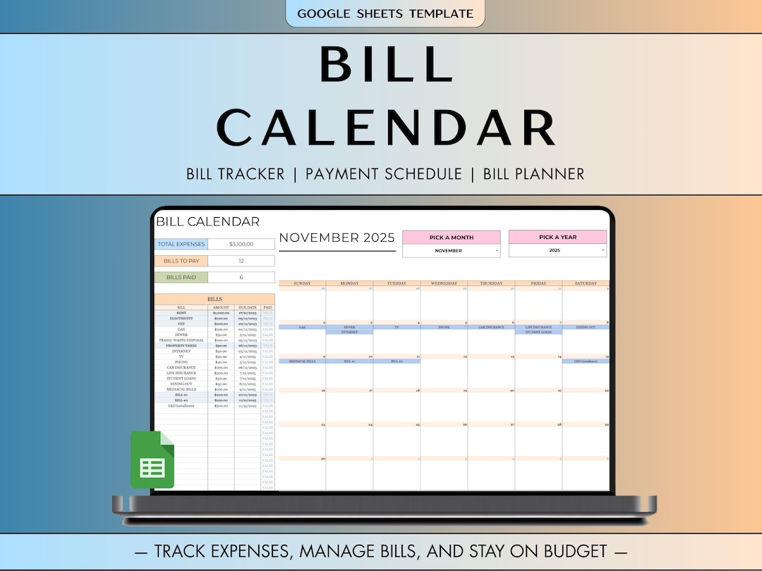 BILL TRACKER SPREADSHEET Google Sheets Bill Calendar Monthly Bill ...