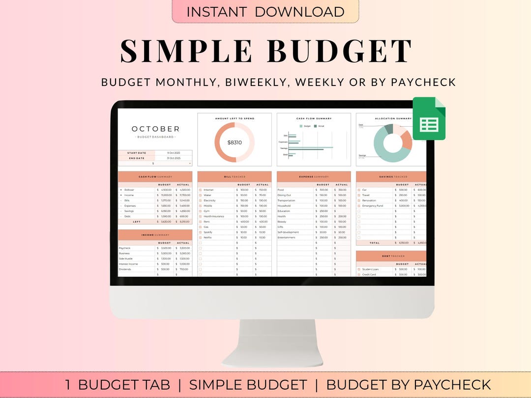 Simple Budget Spreadsheet – Google Sheets Budget Planner (digital ...
