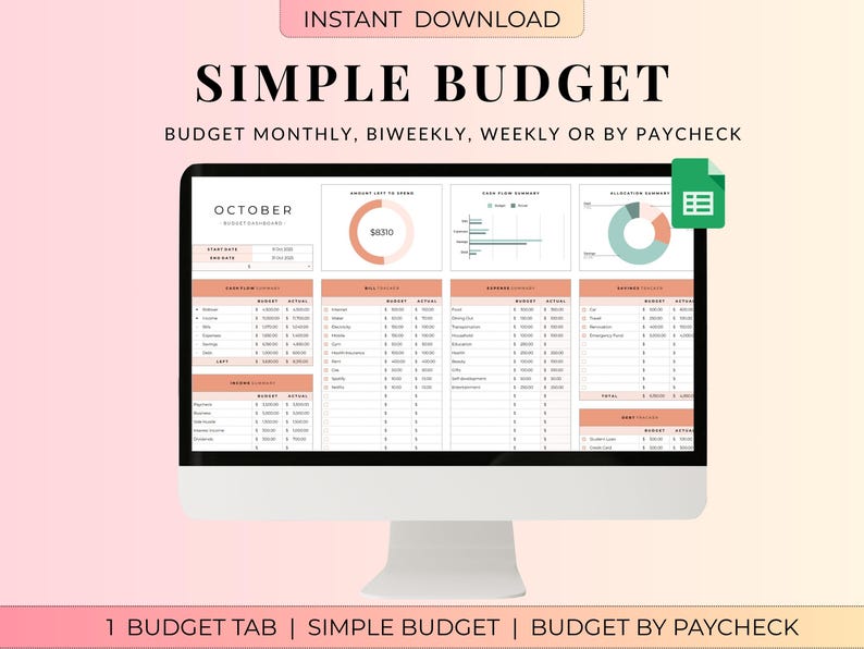 Simple Budget Spreadsheet – Google Sheets Budget Planner (digital ...