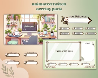 Volledig geamineerde schattige stream-overlay voor Twitch, YouTube, Streamlabs OBS. Cosy Cat-pakket met waarschuwingen, cam-overlays, schattige streamer Twitch-art