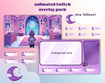 Volledig geamineerde stream-overlay met magisch thema voor Twitch, YouTube, OBS. Magic Door-pakket met waarschuwingen, cam-overlays, heksenstreamerkunst