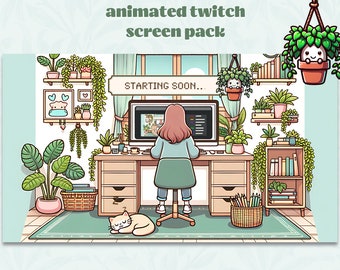 3+1 geamineerde streamschermen voor Twitch, Youtube, Streamlabs OBS. Zwevend Cosy Lofi-pakket met start-, brb-, eind- en offlineschermen