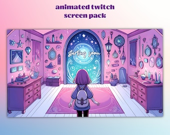 3+1 geamineerde streamschermen voor Twitch, Youtube, Streamlabs OBS. Magic Door-pakket met start-, brb-, eind- en offlineschermen