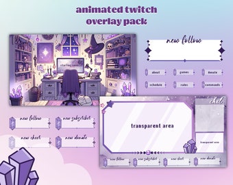Volledig geamineerde stream-overlay voor Twitch, YouTube, Streamlabs OBS. Little Witch-pakket met waarschuwingen, cam-overlays, heksachtige streamerkunst