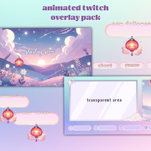 May include: Animated Twitch overlay pack with a pastel color scheme. The overlay features a whimsical landscape with a sunset, clouds, and stars. The text "starting soon" is displayed in the center of the image. The overlay also includes a chat box, a transparent area for the streamer's video, and buttons for "about", "games", "donate", "new follower", "new subscriber", and "new cheer".