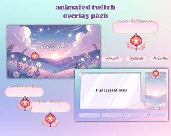 Volledig geamineerde stream-overlay voor Twitch, YouTube, Streamlabs OBS. Drijvend lantaarnpakket met waarschuwingen, cam-overlays en heksachtige streamerkunst