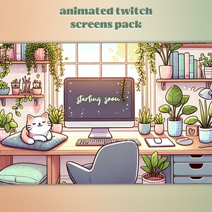 3+1 aminated stream screens for Twitch, Youtube, Streamlabs OBS. Floating Cozy Cat package with starting, brb, ending and offline screens