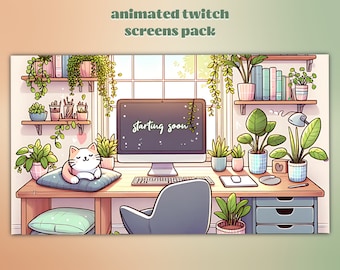 3+1 geamineerde streamschermen voor Twitch, Youtube, Streamlabs OBS. Zwevend Cosy Cat-pakket met start-, brb-, eind- en offlineschermen