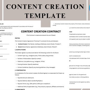 May include: A content creation contract template with sections for governing law, entire contract, signatures, parties, scope of work, compensation, usage rights, and access. The contract is designed for creators and brands to agree on terms for content creation.