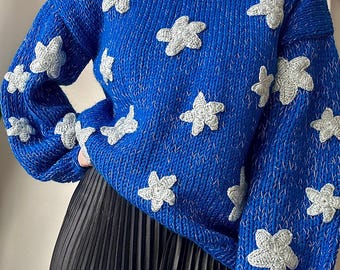 Coraline Handmade Sweater Costume, Blue Star Knit Jumper With