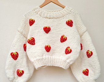 Strawberry Handmade Sweater for women, strawberry sweater chunky women cardigan, kawaii clothes, harajuku clothes, strawberry sweater