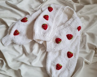 Handmade Strawberry Cardigan | White Red Knit Crop Sweater | Cottagecore Kawaii Button Up Chunky Jumper