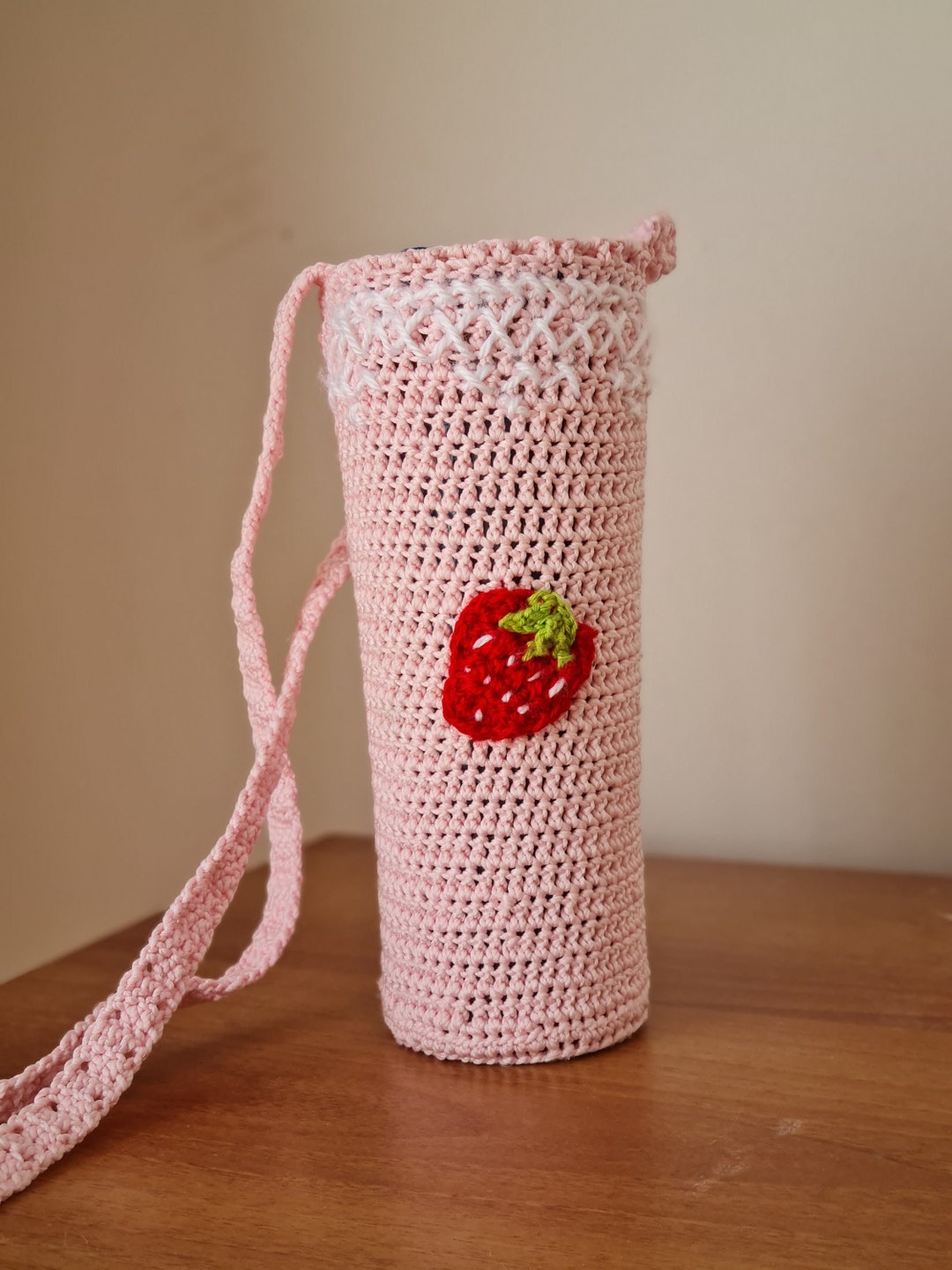 Icecream Crochet Water Bottle Holder Pink Thermos Carrier Shoulder