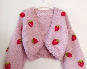 Strawberry handmade cardigan for women, strawberry cardigan,chunky women cardigan, kawaii clothes, harajuku clothes, strawberry sweater