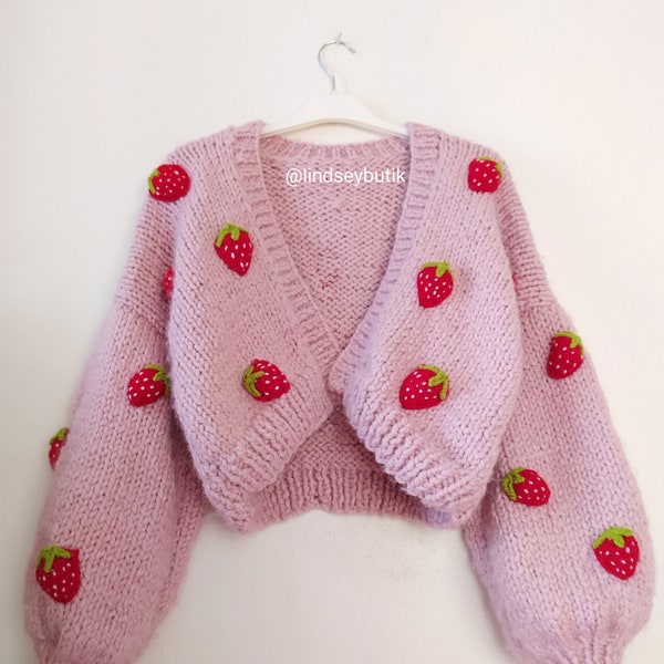 Strawberry handmade cardigan for women, strawberry cardigan,chunky women cardigan, kawaii clothes, harajuku clothes, strawberry sweater