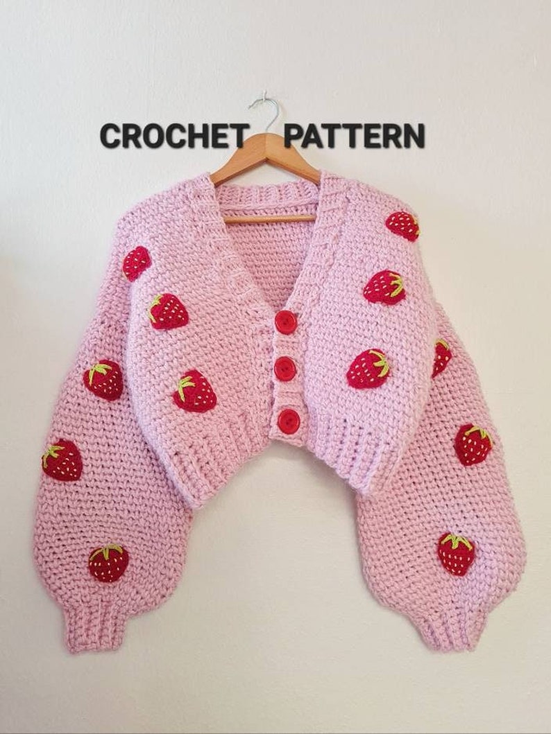 CROCHET PATTERN, Lindseyboutiquee Crochet Strawberry Crochet Cardigan Pattern, Strawberry Chunky Sweater Pattern, Strawberry Crochet PDF image 1