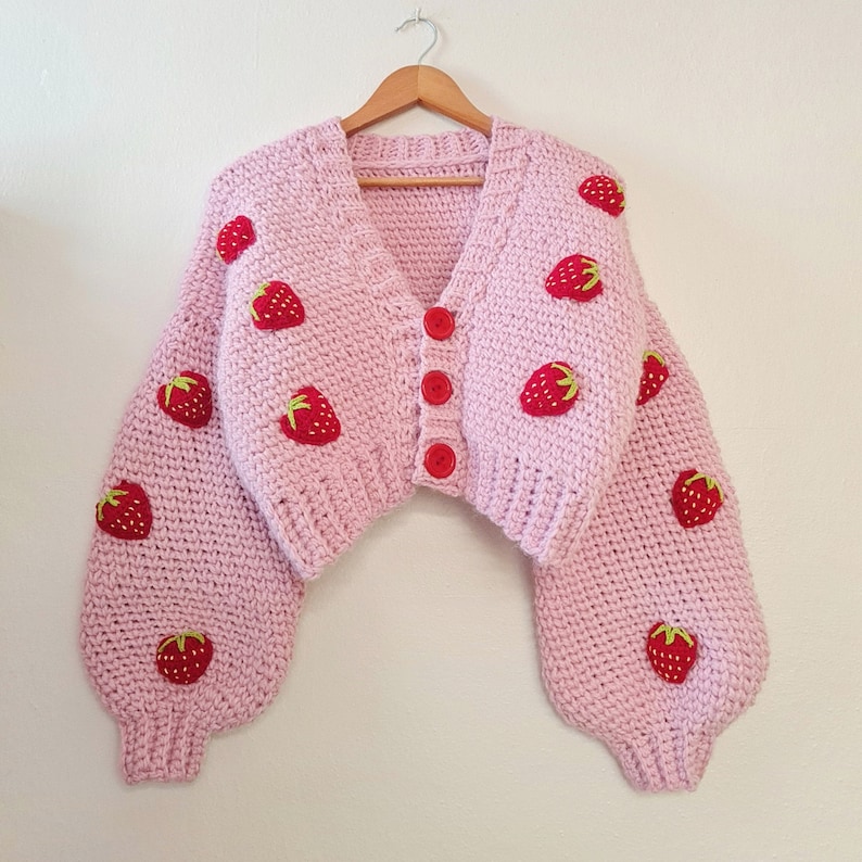 CROCHET PATTERN, Lindseyboutiquee Crochet Strawberry Crochet Cardigan Pattern, Strawberry Chunky Sweater Pattern, Strawberry Crochet PDF image 2