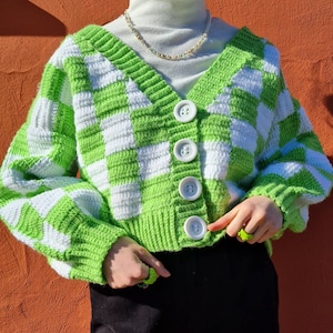 Mönster för rutig virkad kofta | Schackrutig tröja PDF | Digital nedladdning för Y2K Colorwork Intermediate
