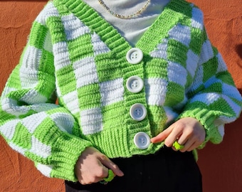 カーディガン COOTIE / Crazy Checkered Cardigan Checkered Crochet Cardigan Pattern | Checkerboard Sweater PDF