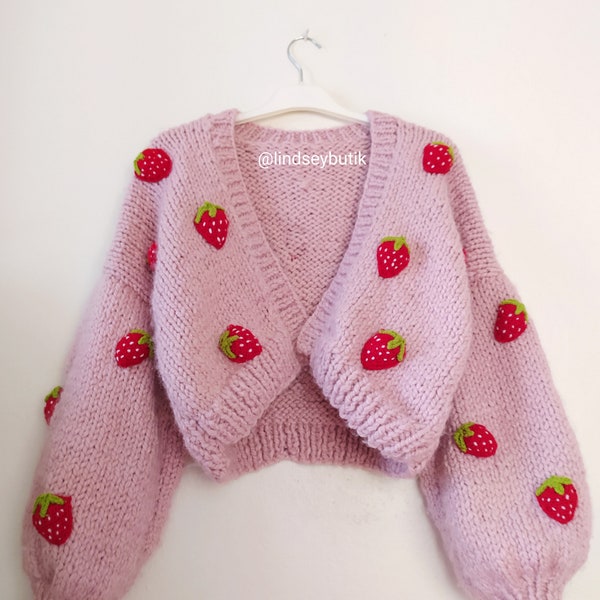 KNITTING PATTERN, Knitting Chunky Strawberry Cardigan Knitting Pattern, Chunky Cardigan Pattern, Strawberry cardigan pattern PDF