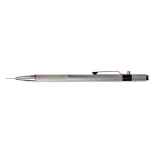 May include: A silver mechanical pencil with a retractable tip and a metal clip. The pencil has a textured grip and a black button on the end.