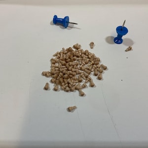 May include: A pile of small, light brown wooden pegs and two blue drawing pins with silver metal pins are on a white surface. The pegs are cylindrical with rounded tops. The drawing pins are a vibrant blue.