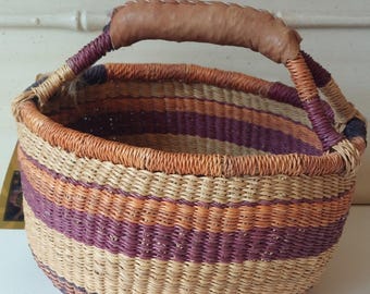 Sm Vintage Ghana Market basket hand woven African leather wrapped handle