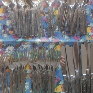 May include: A collection of stainless steel flatware including spoons, forks, and knives arranged on a floral background. Each piece features a decorative embossed pattern on the handle, characterized by a repeating geometric design.