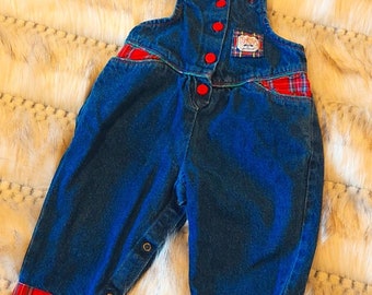 Vintage 90s Oshkosh Plaid vestbak Denim overalls USA 18 mos