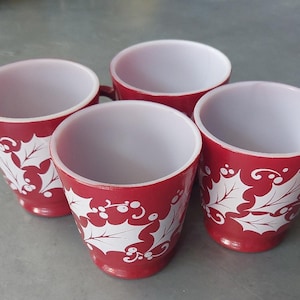 VTG Hazel Atlas Milk Glass Festive Red and White Holiday Mugs 4