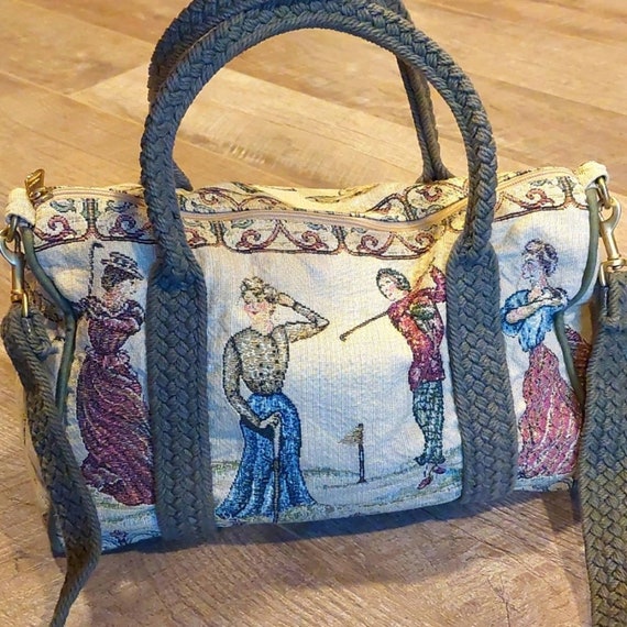 Vtg Victorian ladies golfing Cotton canvas purse h