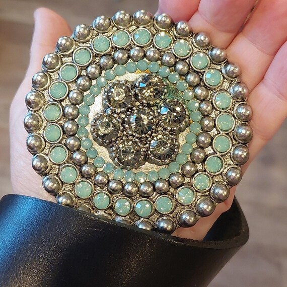 VTG Leather Rock Rhinestone Belt Buckle With Black Leather  display picture 1