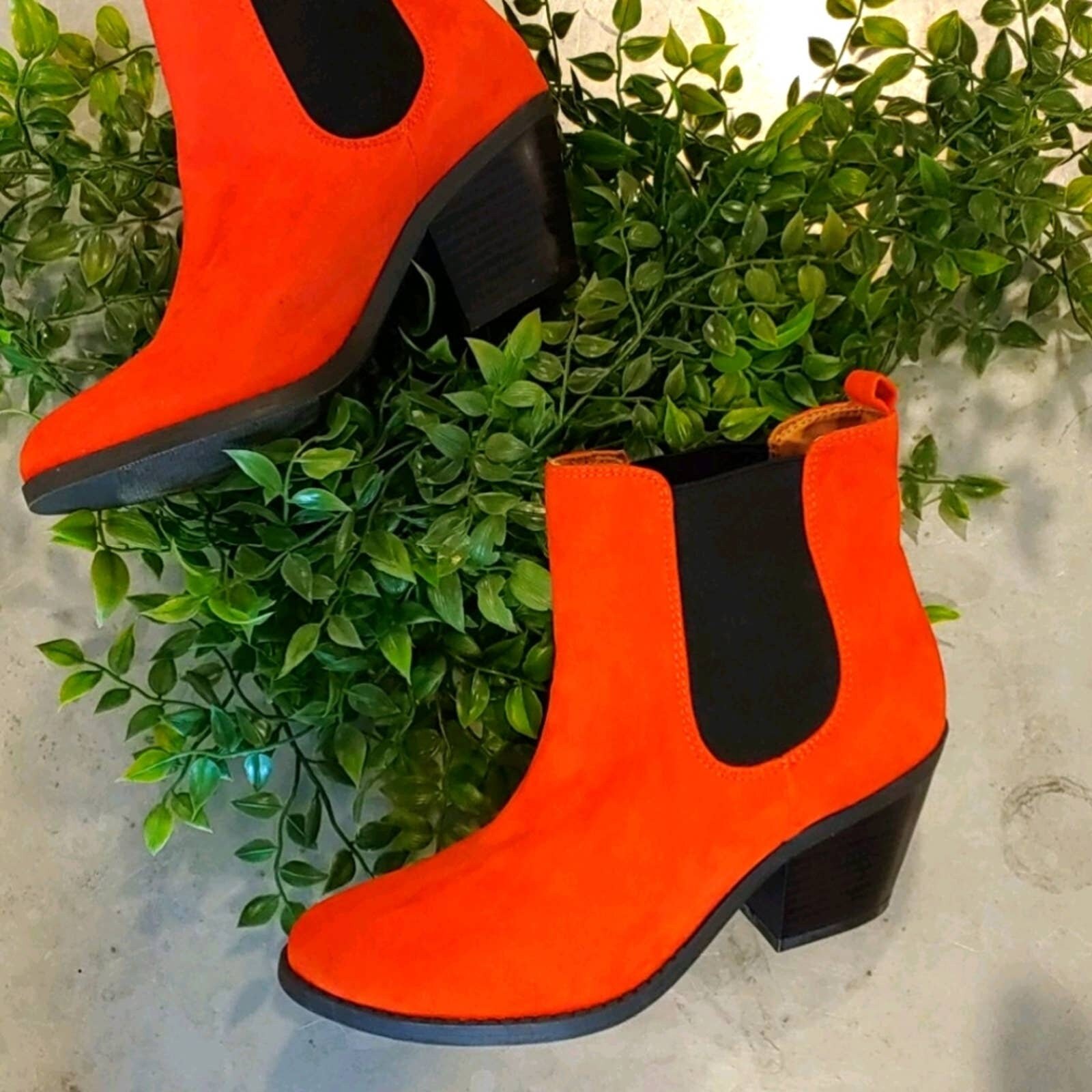orange booties with clear heel
