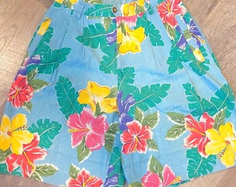 Vintage 80er 90er Liz wear TROPICAL print Mom Shorts Baumwolle 14 high waist plissiert