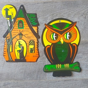 Vintage die cut/cut out Halloween Decorations witch haunted house owl Beistle