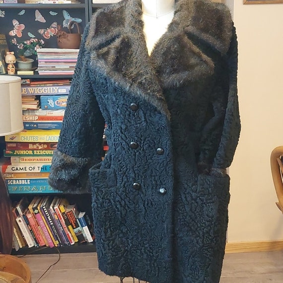 Vintage curly wool double breasted coat faux fur … - image 1