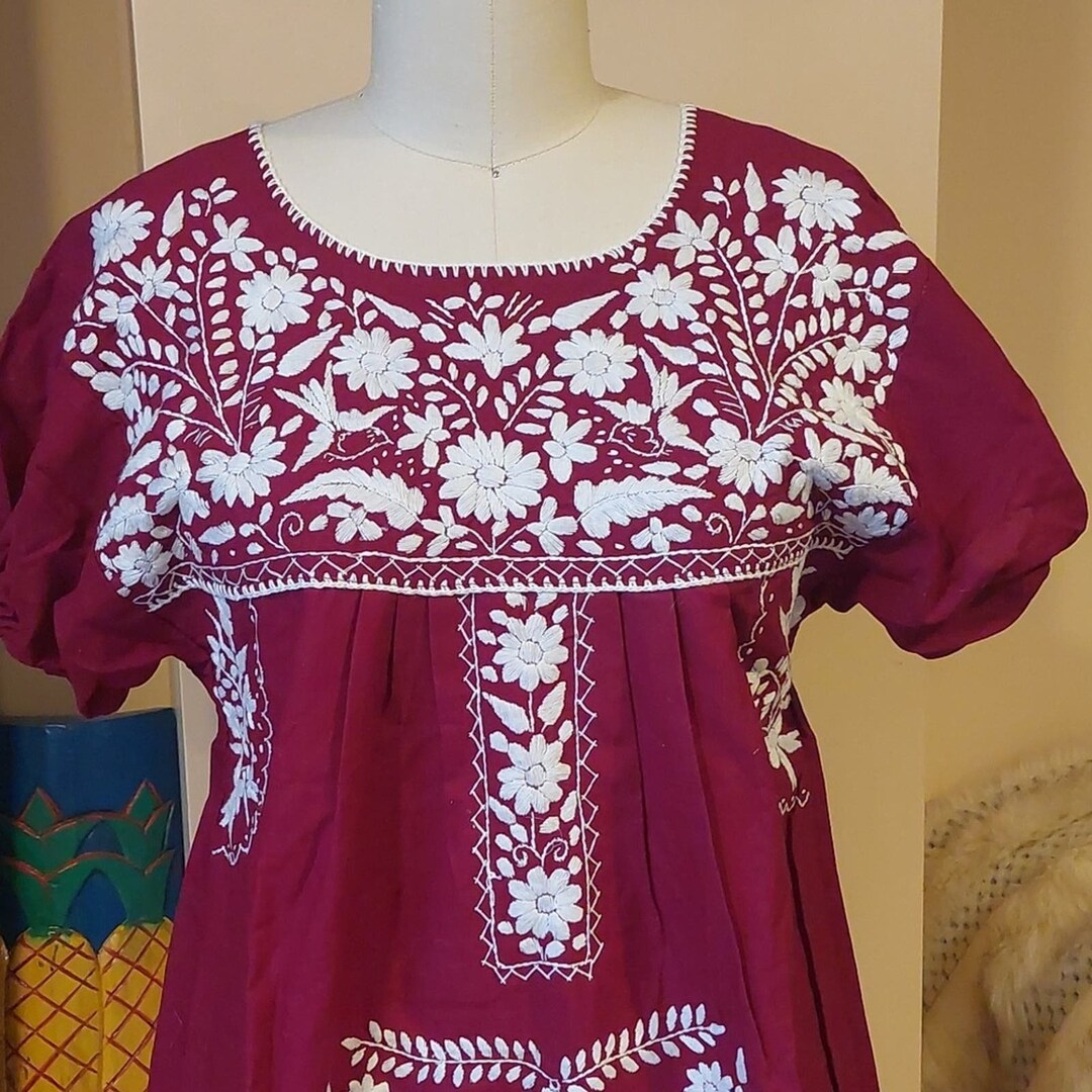 Vintage Oaxaca Mexican Embroidered Dress Bohemian Prairie Floral - Etsy