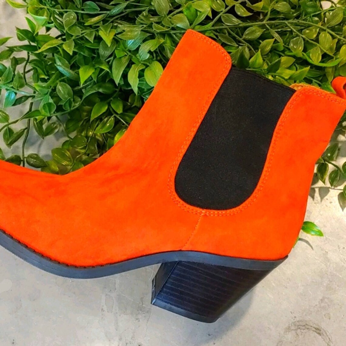 orange booties with clear heel