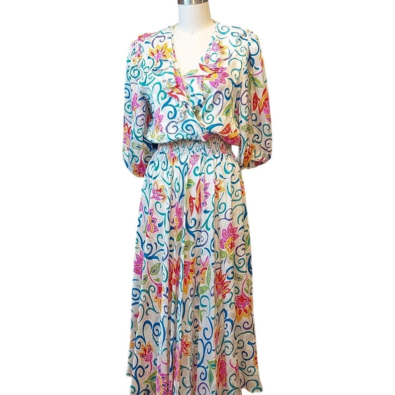 VTG ruffled Adrianna Papell Silk party dress tea floral wrap Avant Garde image 2