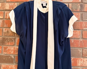 Vintage 80’s Navy Short Sleeve Blouse Shirt with White Accents and Pearly Buttons