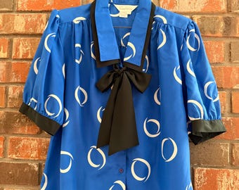 Vintage 80’s Blue Satiny Short Sleeve Blouse Shirt