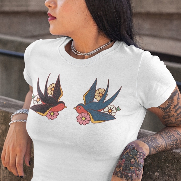 Swallows tattoo shirt,  traditional tattoo shirt, sparrow tattoo shirt, bird tattoo shirt, old school tattoo shirt, swallows clothing.
