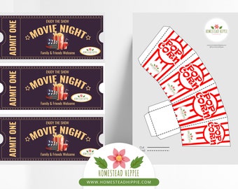Movie Night Kit, AT Home Movie Night, Create Your Own Movie Night, Popcorn Boxes, Cinema Ticket, Film Party,