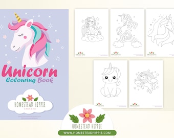 Puede incluir: Un libro para colorear de unicornios imprimible con una portada morada que presenta un unicornio con una crin rosa, azul y morada. La portada también incluye el texto "Unicorn Coloring Book" y "Homestead Hippie".