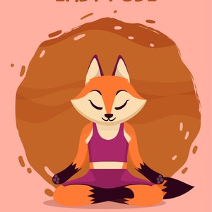 以下が含まれることがあります： 「Sukhasana EASY POSE」というテキストが書かれたキツネのイラスト。キツネは、目を閉じ、穏やかな表情で、足を組んで座っています。背景は薄いピンクで、キツネの後ろには茶色の円があります。